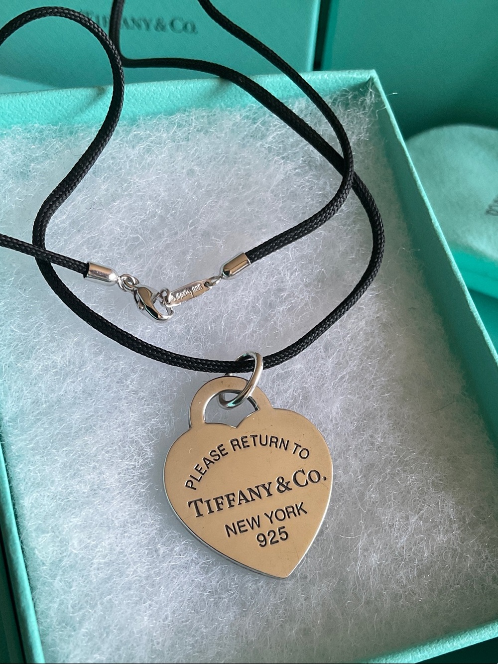 Tiffany & Co. Silver Heart Tag Pendant Necklace with Tiffany Silk Black Cord